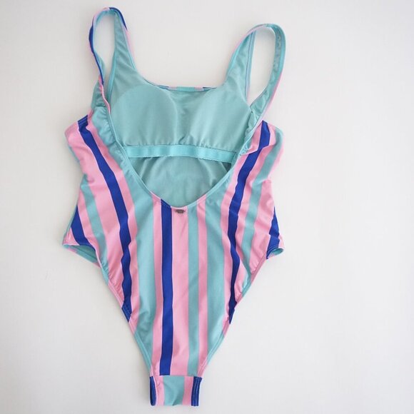 ENVYA Swimwear Pink Teal Stripe One Piece High-Leg Low Scoop Back Swimsuit M - Picture 8 of 12